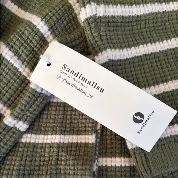 Chunky Knit Striped Sweater Dress in Army Green and Cream, SZ L NWT - Picture 3 of 5